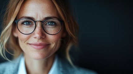 Obraz premium A confident woman with stylish glasses and tousled hair smiles warmly, embodying professionalism and approachability against a simple dark background.