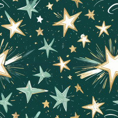 Patrón de estrellas dibujadas a mano en tonos dorados, blancos y verde menta sobre fondo oscuro, con un toque festivo y retro