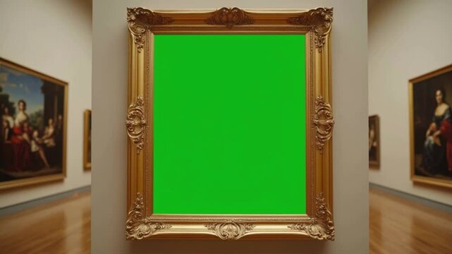 Steady dolly shot moving towards an empty green screen frame in an art gallery