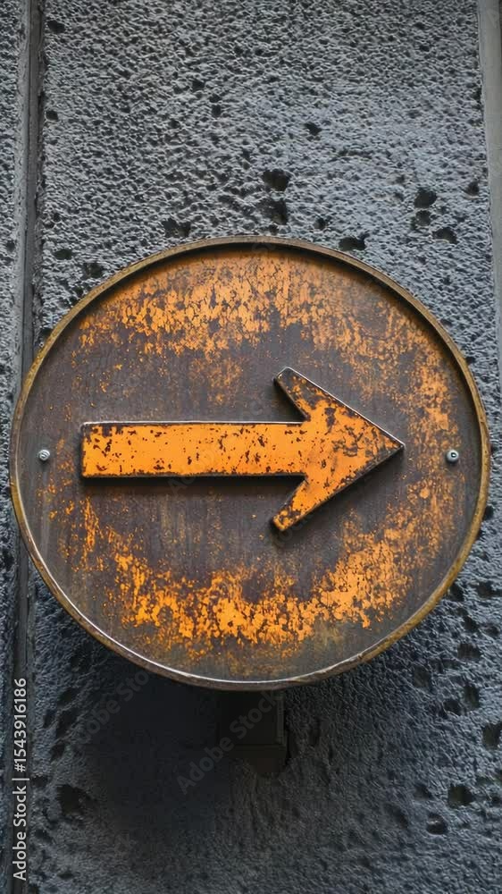 Poster Old signpost with weathered surface and directional arrow indicating direction