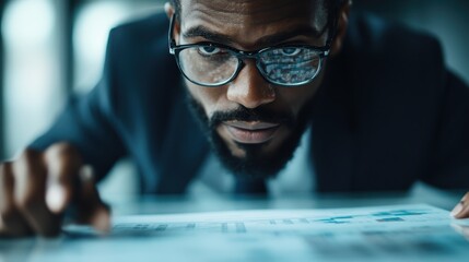 A serious businessman intently studies data and charts on a digital screen, demonstrating concentration and dedication in a modern corporate environment.