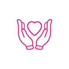 Black isolated outline icon of heart in hands on white background. Line icon of heart and hands. Symbol of care, love, charity.