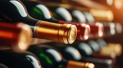 A close-up view of elegantly arranged wine bottles on a wooden shelf, showcasing the rich colors and textures that highlight the beauty of fine wines and vintage selections.