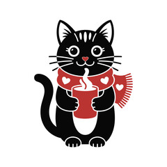 A cute cat sitting in a teacup decorated with hearts icon vector on White Background ,Vector Art Illustration on white background.