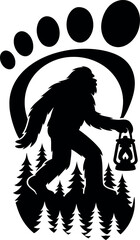 Bigfoot Silhouette with Lantern and Footprint in Forest