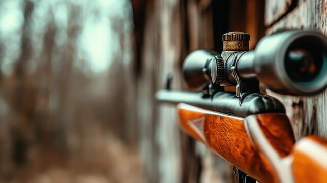 A close-up image of a hunting rifle's scope, emphasizing its precision and craftsmanship, set against a blurred backdrop of natural surroundings rich in earthy tones.