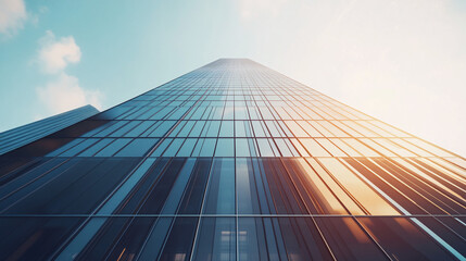 Modern Glass Skyscraper Exterior Upward View at Sunset Architectural Design