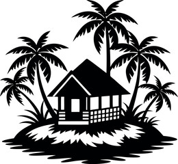 Obraz premium Tropical Island With Hut Vector Silhouette On White Background