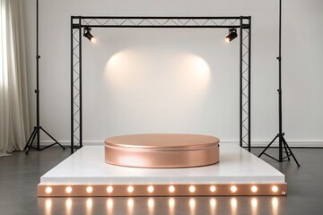 Minimalist rose gold podium illuminated with LED lights, clean and modern product display setup high quality
