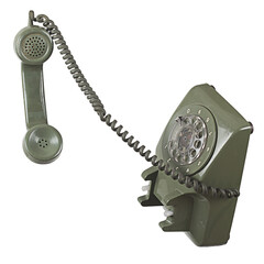 A vintage green rotary telephone with a coiled cord, symbolizing traditional communication methods.