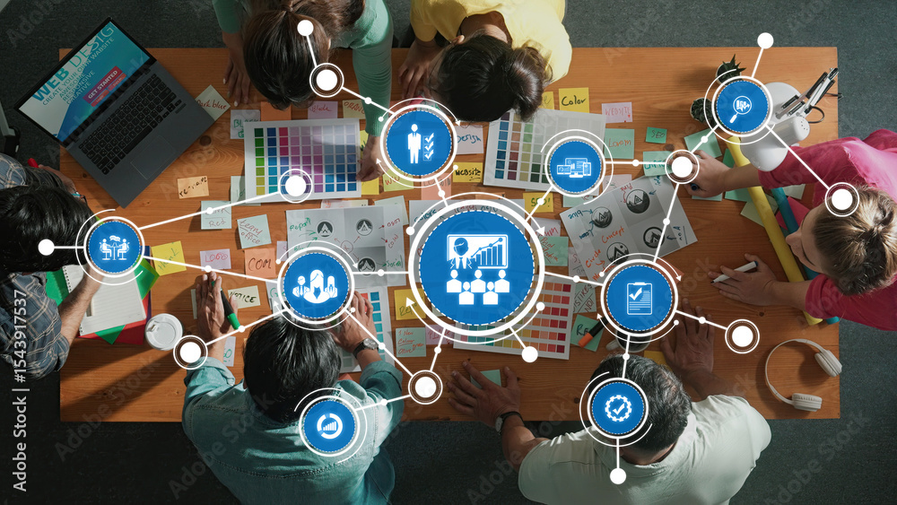 Poster a dynamic workspace showing a diverse team engaged in creative management strategies using colorful 