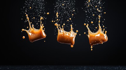 Three vibrant droplets of caramel splash artistically against a dark background, showcasing dynamic motion and the rich texture of liquid in a visually stunning way.