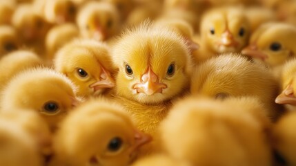 A cute gathering of fluffy yellow chicks creates an adorable scene that captures the essence of innocence and warmth, making it a delightful image for all.