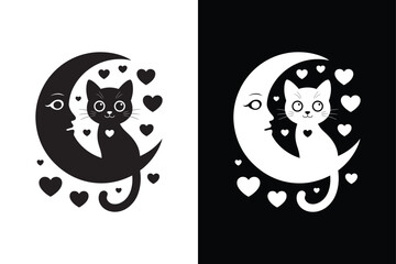 A cute cat sitting on a crescent moon with hearts around icon illustration on white and black background.