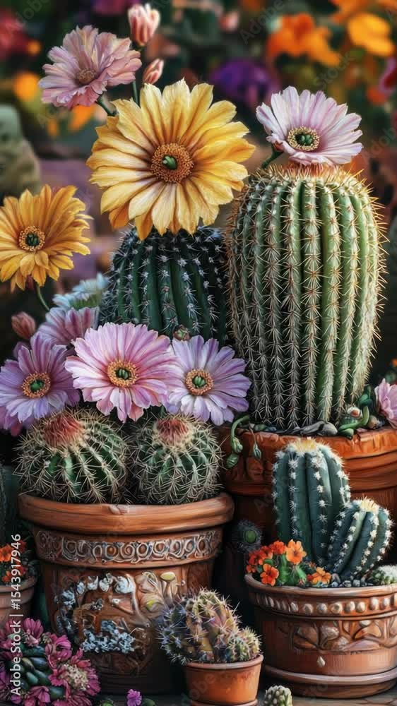 Aufkleber close-up view of cacti with colorful blooms, suitable for botanical or nature-themed designs