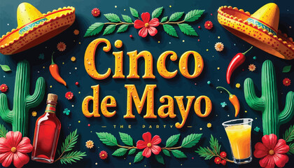 Festive Cinco de Mayo Celebration with Sombreros Cacti and Colorful Decorations