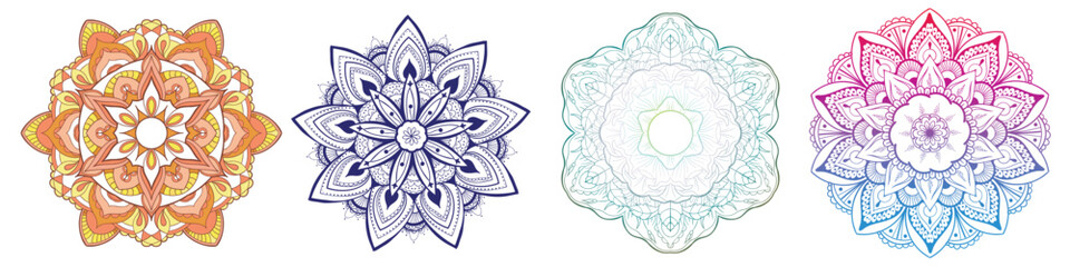 Set of Round gradient mandala vector. Traditional oriental ornament with a concentric gradient. Vector element for applying to objects for yoga, meditation, spiritual practices. Decorative ornament in