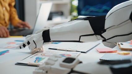 A robotic hand points to business charts during a meeting, symbolizing technology integration in...
