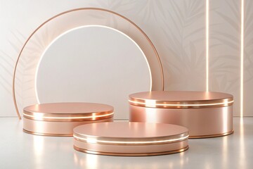 Minimalist rose gold podium illuminated with LED lights, clean and modern product display setup high quality