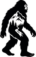 Bigfoot Silhouette with Mountain and Forest Interior