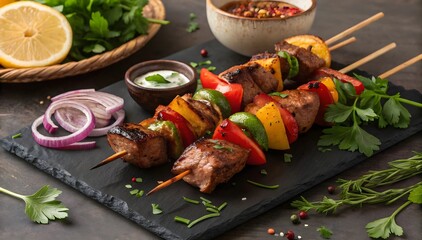 Grilled Meat Skewers with Peppers Onions and Herbs