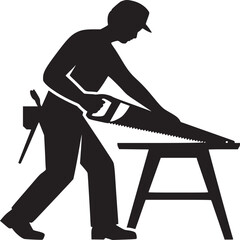 Silhouette of a carpenter sawing wood on a sawhorse wearing a cap and tool belt in black and white