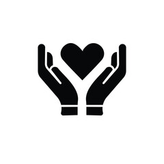 Black isolated outline icon of heart in hands on white background. Line icon of heart and hands. Symbol of care, love, charity.
