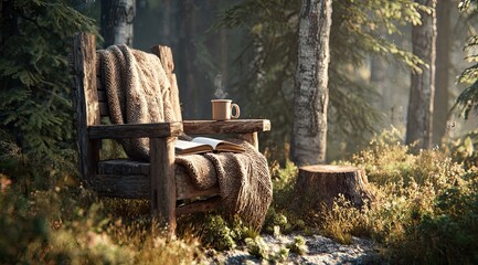 Rustic wooden chair with blanket, open book, and steaming mug rests in a misty forest clearing, beside a tree stump
