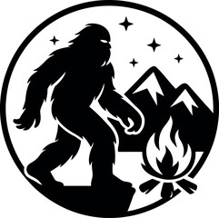 Bigfoot in a circle with mountain and stars.eps