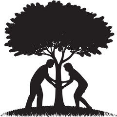 Silhouette of a man and woman hugging a tree in black and white on a grassy hill illustration