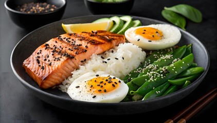 Grilled Salmon Rice Bowl Sunny Side Up Eggs Green Beans Sesame Seeds