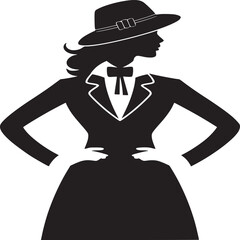 Silhouette of a woman in a suit with a hat and gloves standing with hands on her hips in black and white