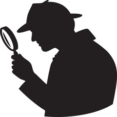 Silhouette of a detective wearing a hat and holding a magnifying glass on a white background image