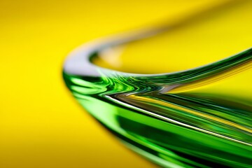 Abstract Green Glass Curve on Yellow - Vibrant green glass curves gracefully against a bold yellow backdrop, symbolizing fluidity, energy, growth, harmony, and sophistication
