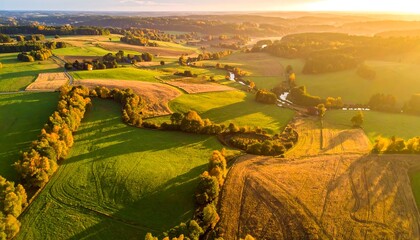 Aerial Autumn Landscape Sunset Fields.