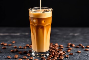 Tall glass of iced coffee, cream poured, coffee beans,  creamy,   energy drink