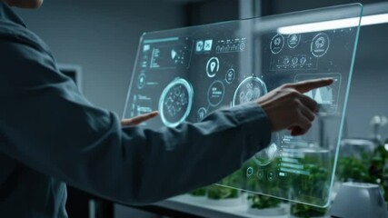 Hand pointing at transparent digital dashboard with futuristic interface graphics. Technology innovation concept - Powered by Adobe