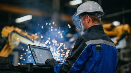 Industrial automation specialist testing robotic welding arms, adjusting parameters on a laptop, surrounded by sparks and blue light from active welding processes