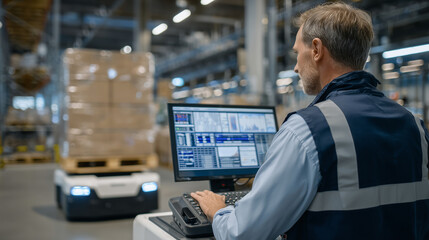 Programmer debugging AI-driven robot navigation systems in a warehouse, with mobile robots moving pallets autonomously and large screens showing pathfinding maps and alerts