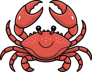 A cartoon illustration of a red crab with claws raised on a white background
