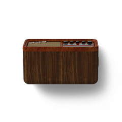 A vintage-style audio device with wooden finish and control knobs, designed for music playback.