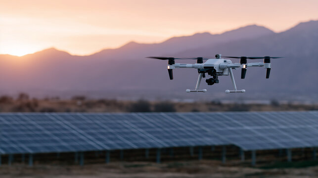 Fototapeta Drone hovering near a solar panel farm, capturing thermal imaging to detect hotspots, framed by rows of shiny panels stretching into the horizon
