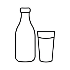 Glass milk bottle with companion glass depicted in slim thin line drawing Vector illustration