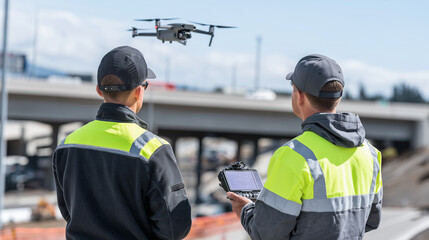 Drone flying alongside a highway bridge inspection team, capturing hard-to-reach areas with ultrasonic sensors and high-definition video recording
