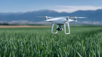 Close-up of drone propellers spinning against a backdrop of vast wheat fields, capturing multispectral data to optimize fertilizer application