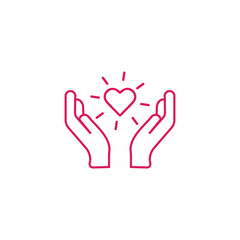 Black isolated outline icon of heart in hands on white background. Line icon of heart and hands. Symbol of care, love, charity.