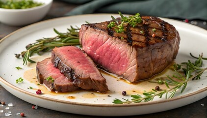 Medium Rare Grilled Steak Rosemary Garnish Plate beef