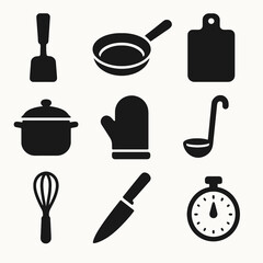 Cooking icon set in black style including frying pan, cutting board, pot, glove, knife, whisk, ladle, and timer.