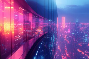 A modern skyscraper reflects a vibrant, illuminated cityscape at night with a neon pink and blue color palette.