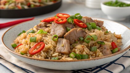 Pork Fried Rice with Chili and Green Onions in Bowl